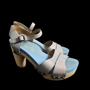 FLOGG Leather Studded Platform Clogs Grey Sandals Heels Open Toe Chunky Scandi 6